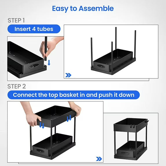 2-Tier Under Sink Organizer with Hooks, Bathroom & Kitchen Cabinet Organizer