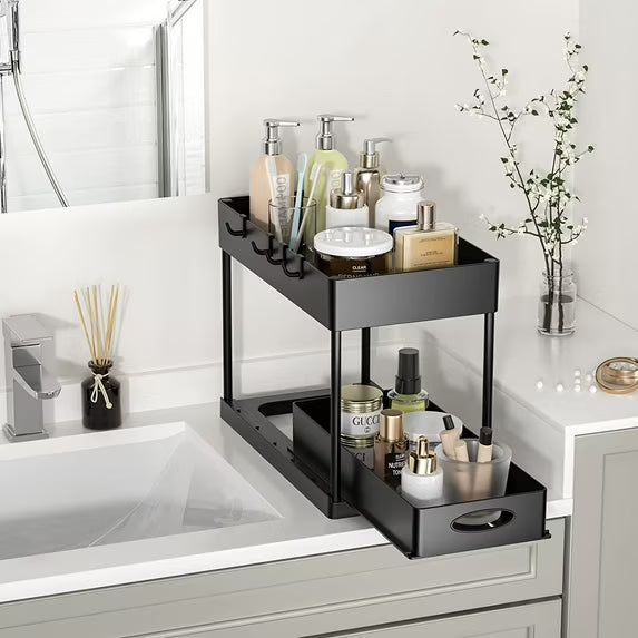2-Tier Under Sink Organizer with Hooks, Bathroom & Kitchen Cabinet Organizer