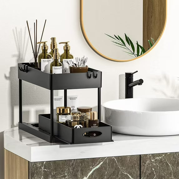 2-Tier Under Sink Organizer with Hooks, Bathroom & Kitchen Cabinet Organizer