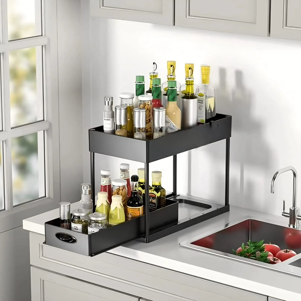 2-Tier Under Sink Organizer with Hooks, Bathroom & Kitchen Cabinet Organizer