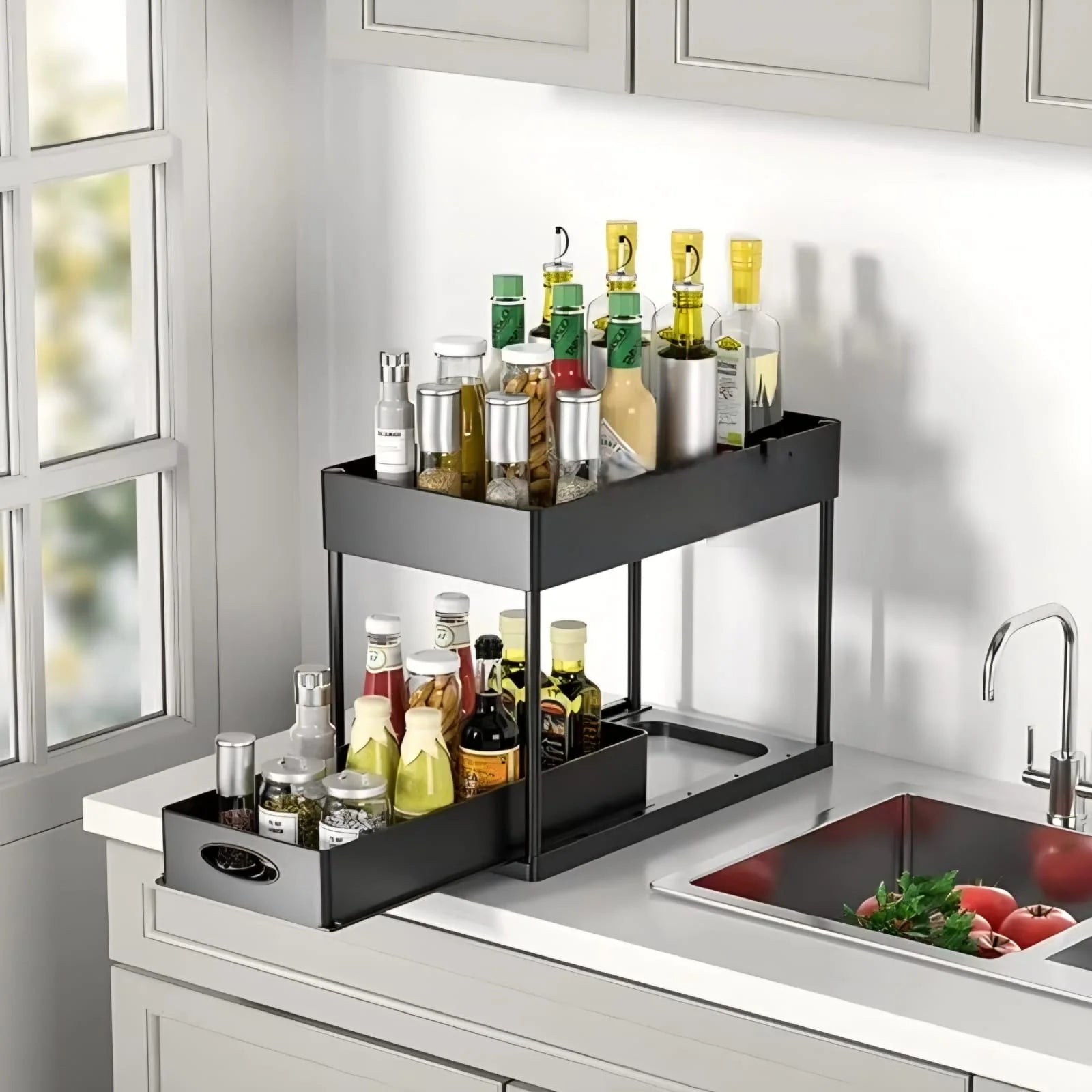 2-Tier Under Sink Organizer with Hooks, Bathroom & Kitchen Cabinet Organizer